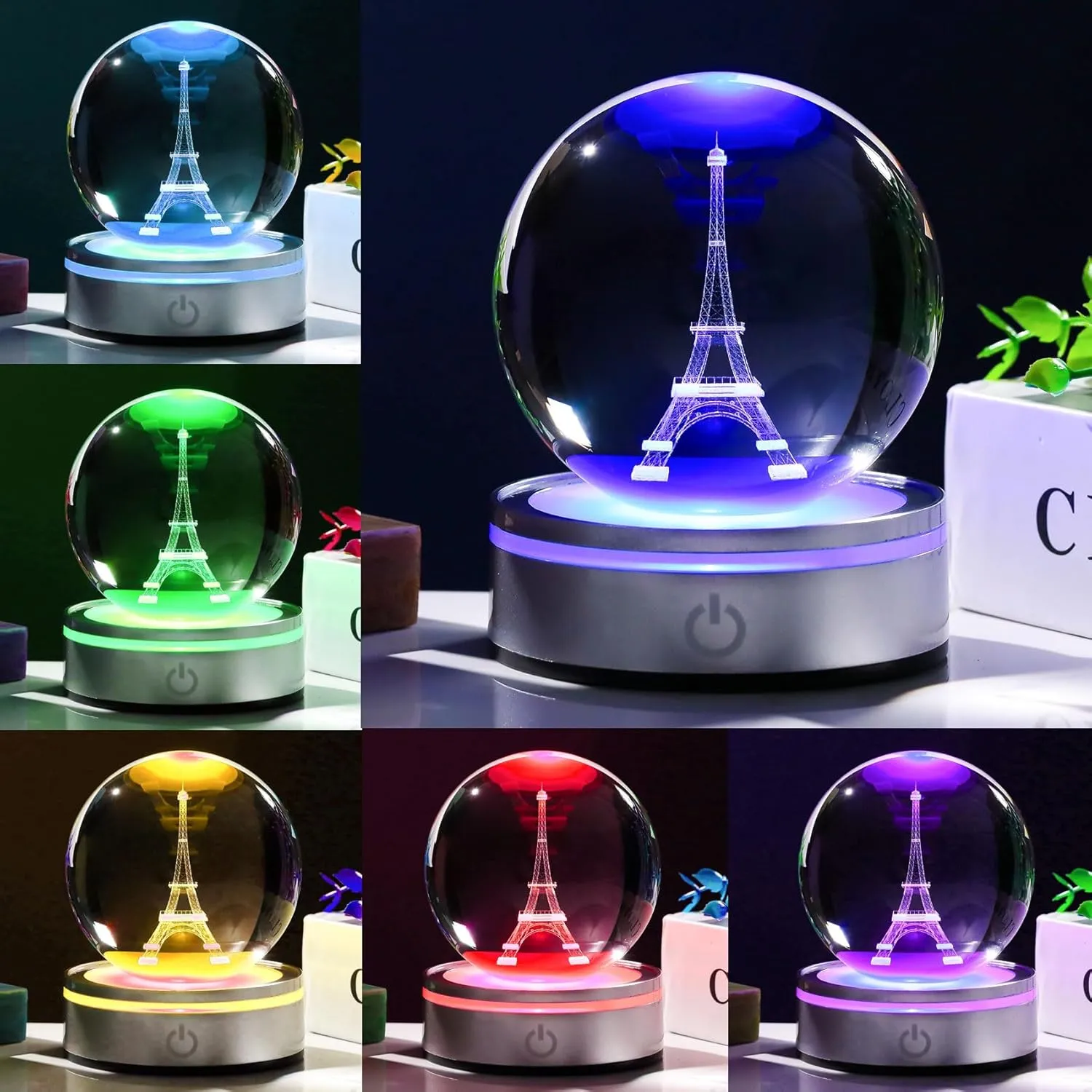 Movdyka 3D Crystal Ball Eiffel Tower Decor Statue Paris Gifts for Women Men, Laser Etched Eiffel Tower Snow Globes with Lamp Base, Paris Themed Bedroom Ornaments Party Decorations France Souvenirs