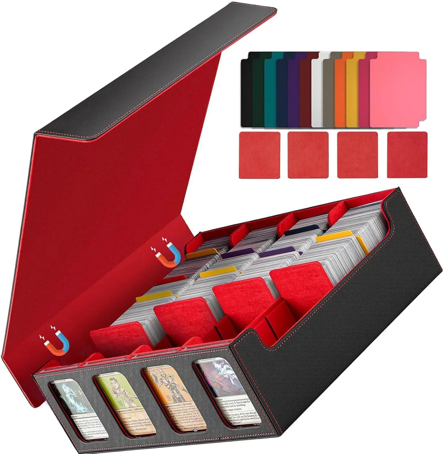 MTG Deck Box, Magnetic Trading Card Storage Case Holds 3000  Sleeveless Cards with 20 Colorful Dividers & 4Pcs Card Supporters, 4 Rows Commander Card Deck Box for Magic Game Cards (red&black)