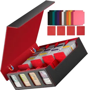 MTG Deck Box, Magnetic Trading Card Storage Case Holds 3000  Sleeveless Cards with 20 Colorful Dividers & 4Pcs Card Supporters, 4 Rows Commander Card Deck Box for Magic Game Cards (red&black)
