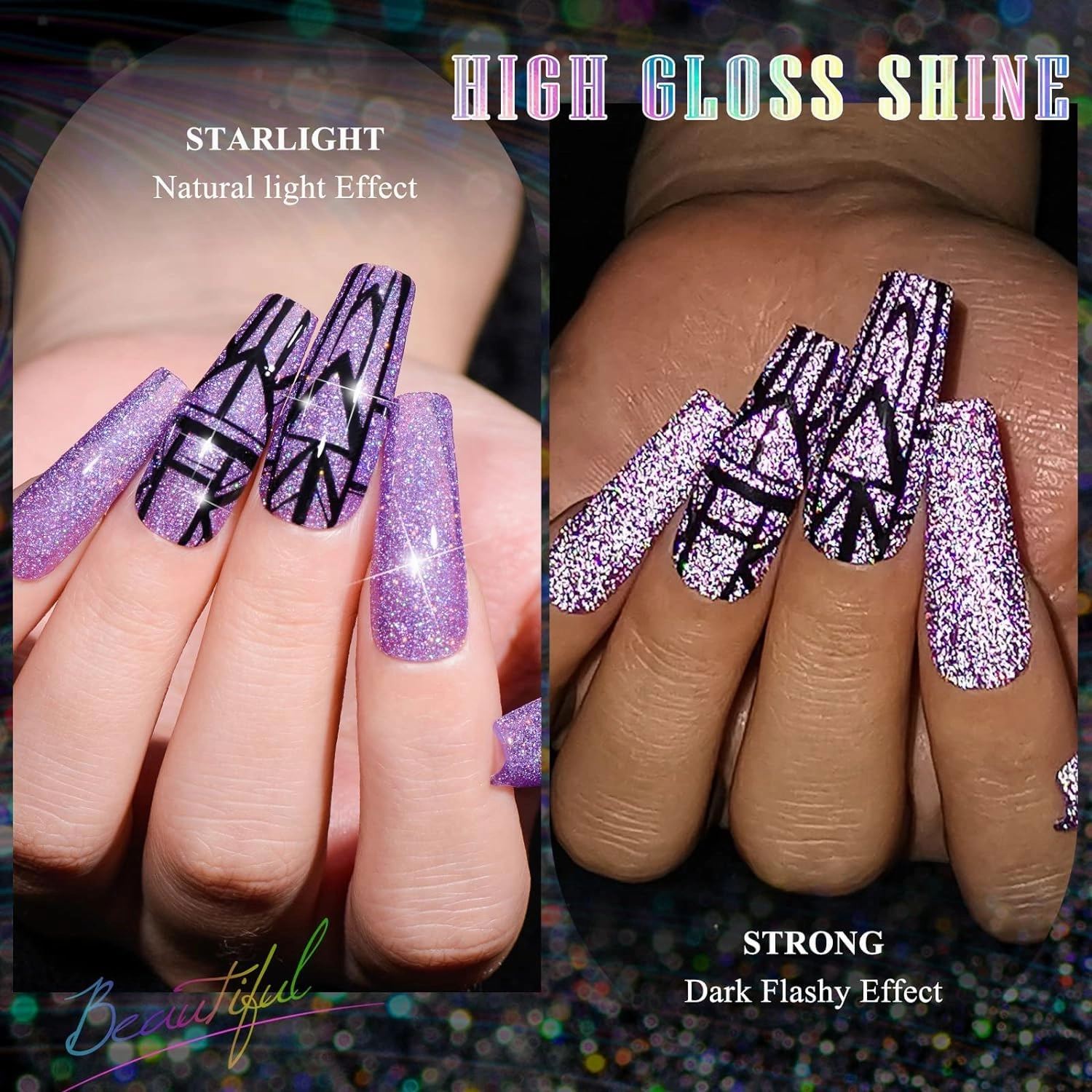 MTSSII Purple Reflective Gel Nail Polish Set, 12 Colors Lavender Violet Sparkly Gel Polish Diamond Shiny Glitter Soak Off Led Nail Polish for Women Girl DIY Nail Art Gift
