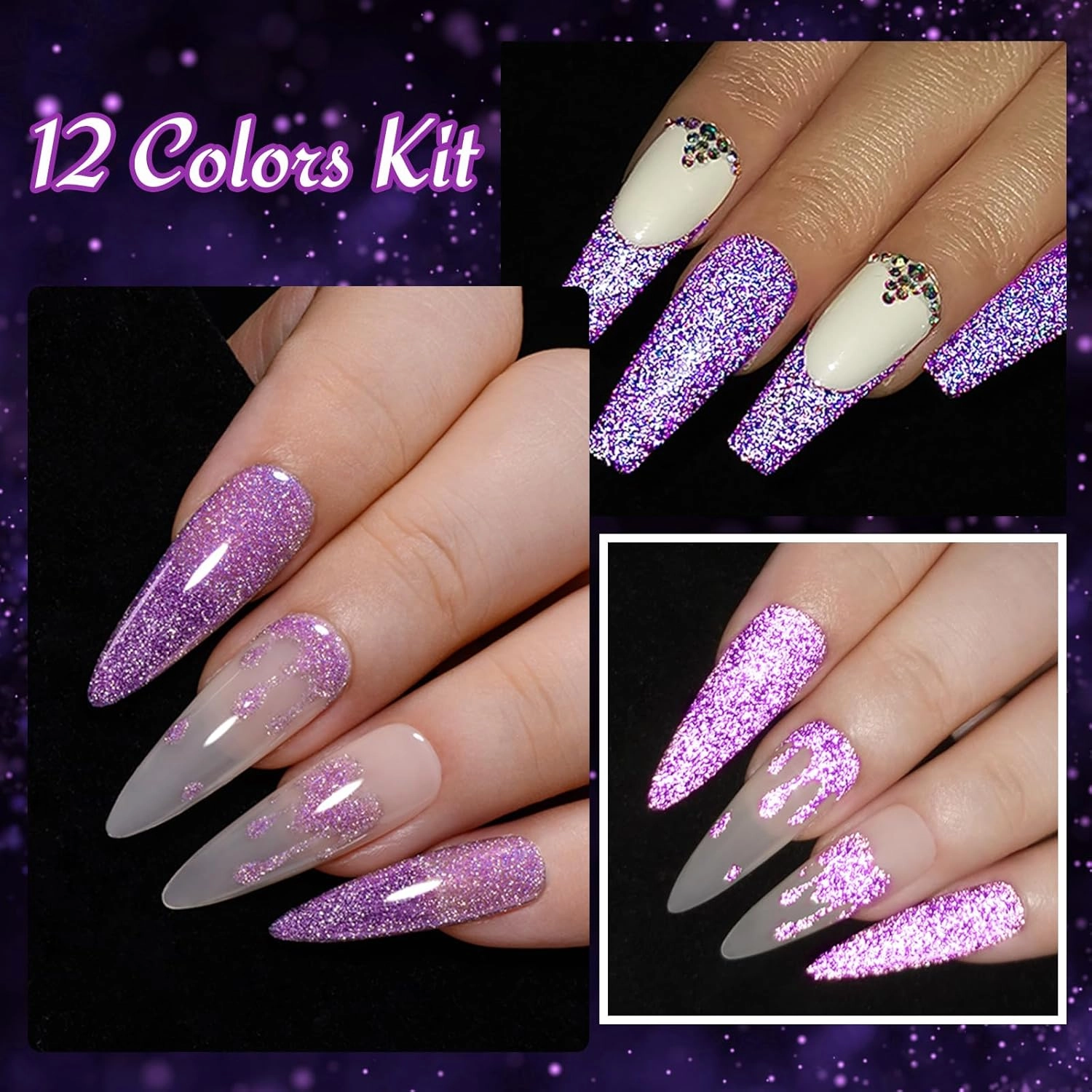 MTSSII Purple Reflective Gel Nail Polish Set, 12 Colors Lavender Violet Sparkly Gel Polish Diamond Shiny Glitter Soak Off Led Nail Polish for Women Girl DIY Nail Art Gift