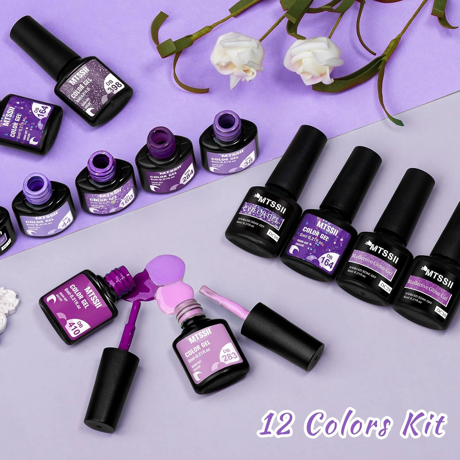 MTSSII Purple Reflective Gel Nail Polish Set, 12 Colors Lavender Violet Sparkly Gel Polish Diamond Shiny Glitter Soak Off Led Nail Polish for Women Girl DIY Nail Art Gift