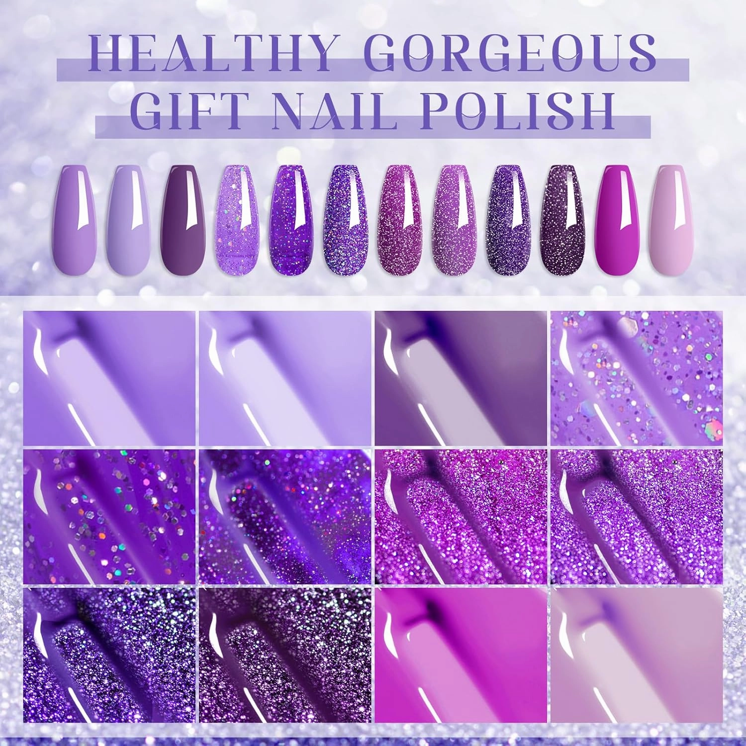 MTSSII Purple Reflective Gel Nail Polish Set, 12 Colors Lavender Violet Sparkly Gel Polish Diamond Shiny Glitter Soak Off Led Nail Polish for Women Girl DIY Nail Art Gift