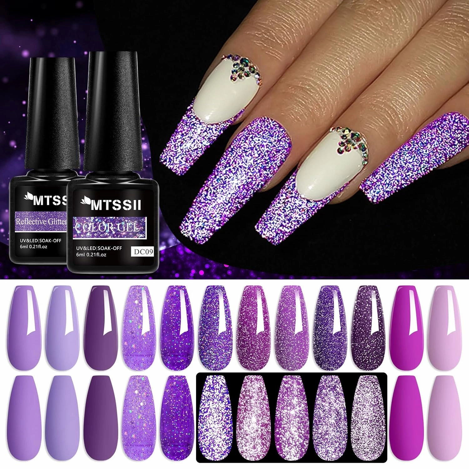 MTSSII Purple Reflective Gel Nail Polish Set, 12 Colors Lavender Violet Sparkly Gel Polish Diamond Shiny Glitter Soak Off Led Nail Polish for Women Girl DIY Nail Art Gift