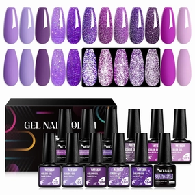 MTSSII Purple Reflective Gel Nail Polish Set, 12 Colors Lavender Violet Sparkly Gel Polish Diamond Shiny Glitter Soak Off Led Nail Polish for Women Girl DIY Nail Art Gift