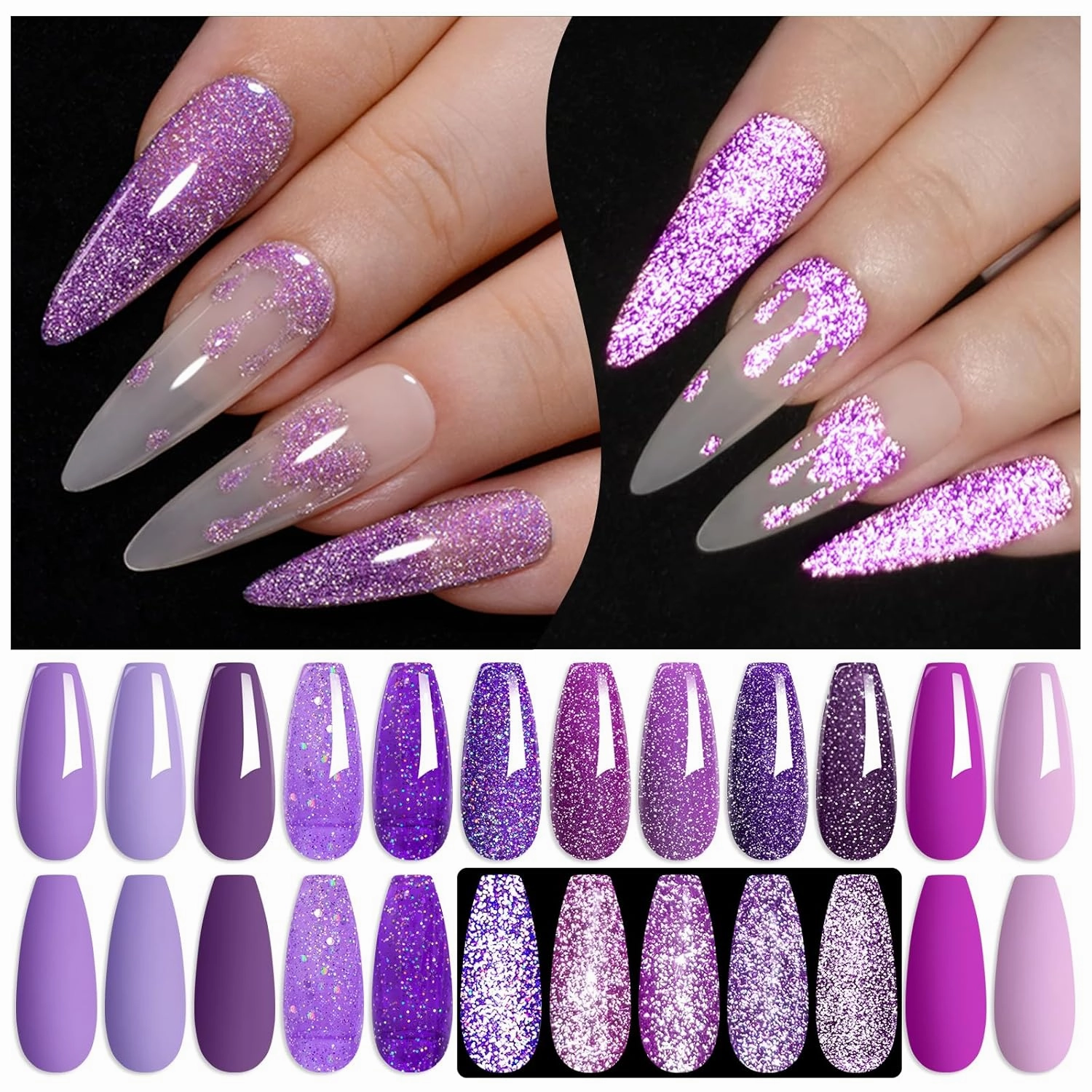 MTSSII Purple Reflective Gel Nail Polish Set, 12 Colors Lavender Violet Sparkly Gel Polish Diamond Shiny Glitter Soak Off Led Nail Polish for Women Girl DIY Nail Art Gift