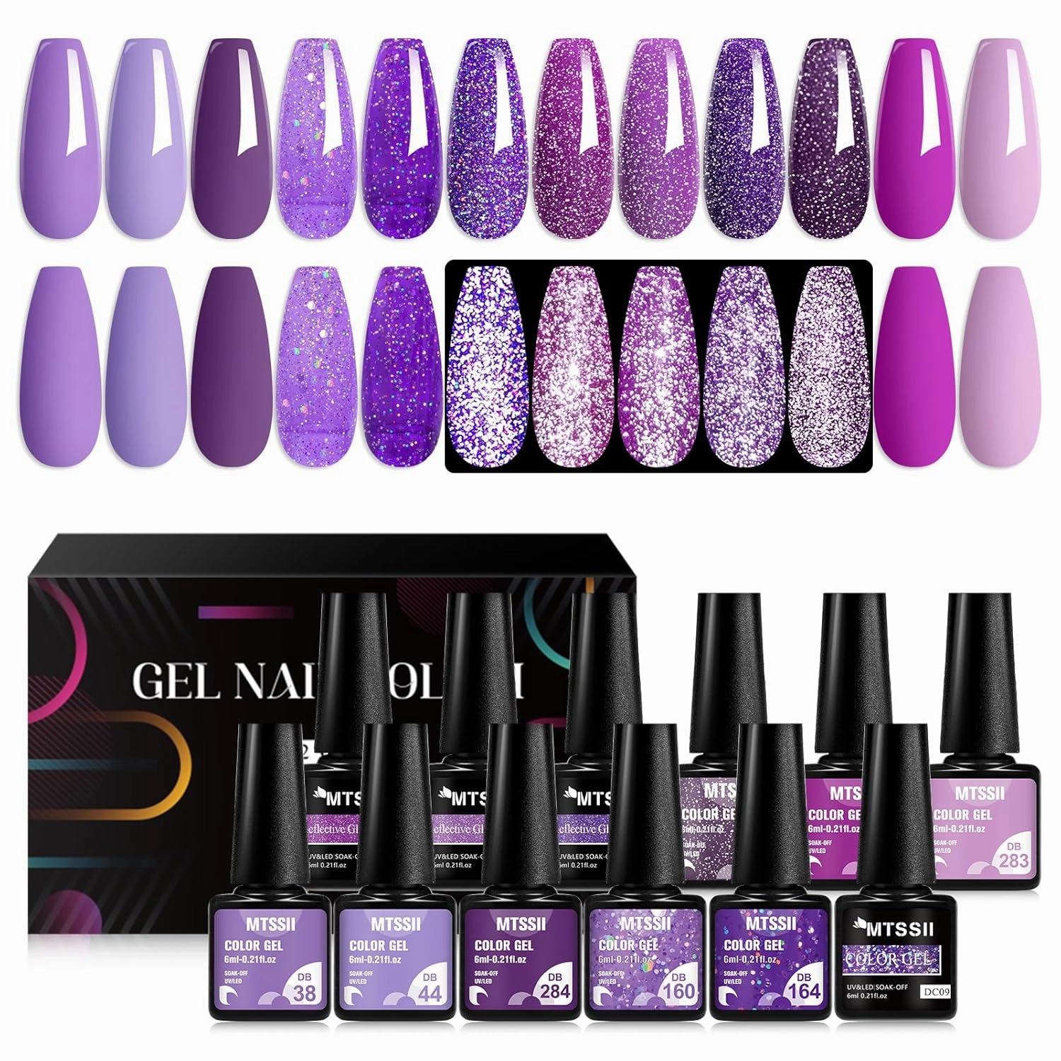 MTSSII Purple Reflective Gel Nail Polish Set, 12 Colors Lavender Violet Sparkly Gel Polish Diamond Shiny Glitter Soak Off Led Nail Polish for Women Girl DIY Nail Art Gift
