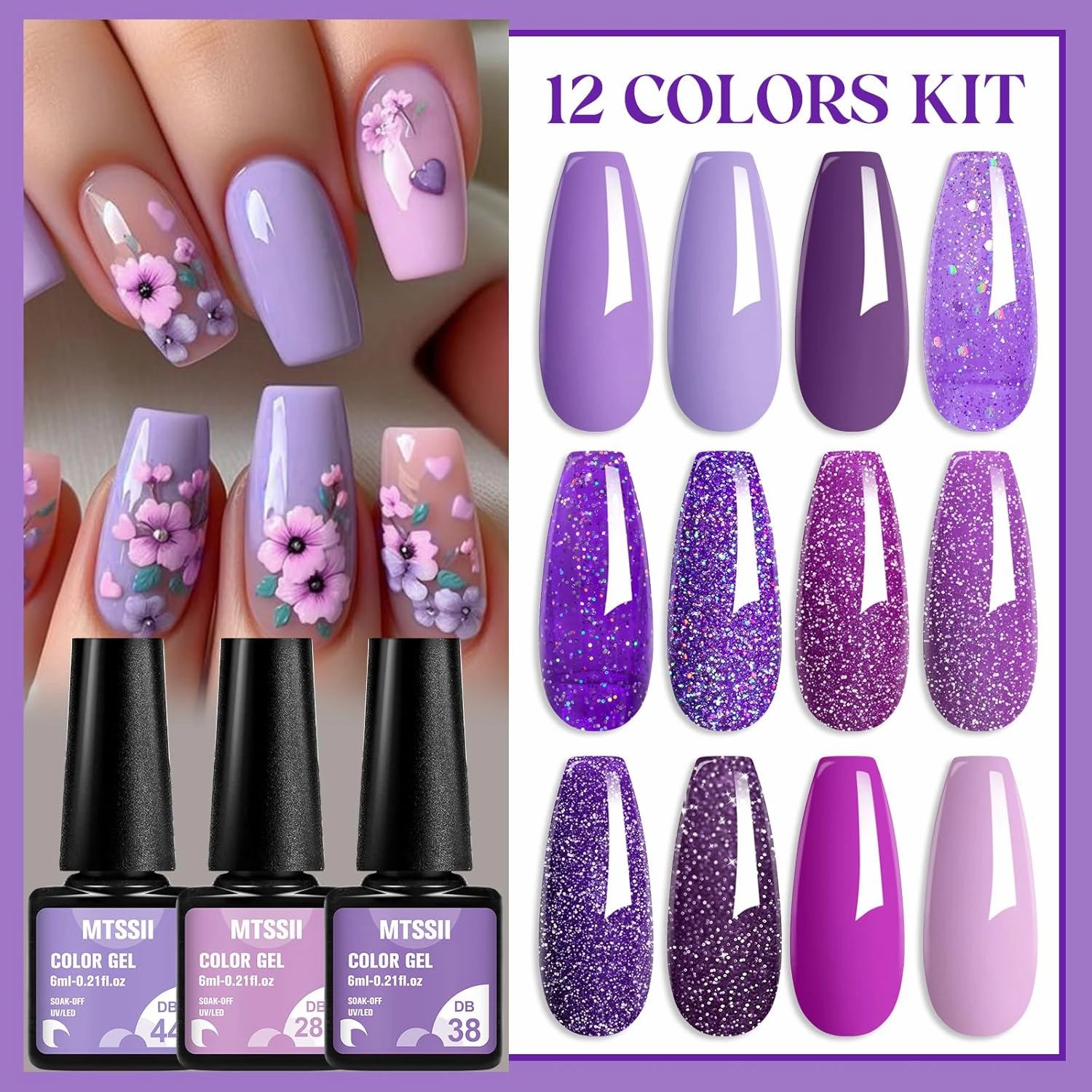 MTSSII Purple Reflective Gel Nail Polish Set, 12 Colors Lavender Violet Sparkly Gel Polish Diamond Shiny Glitter Soak Off Led Nail Polish for Women Girl DIY Nail Art Gift