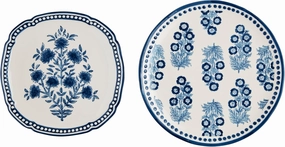 Mud Pie Small 10 3/4" x 11" | Large 12 3/4" Dia Block Print Nested Platter, Blue