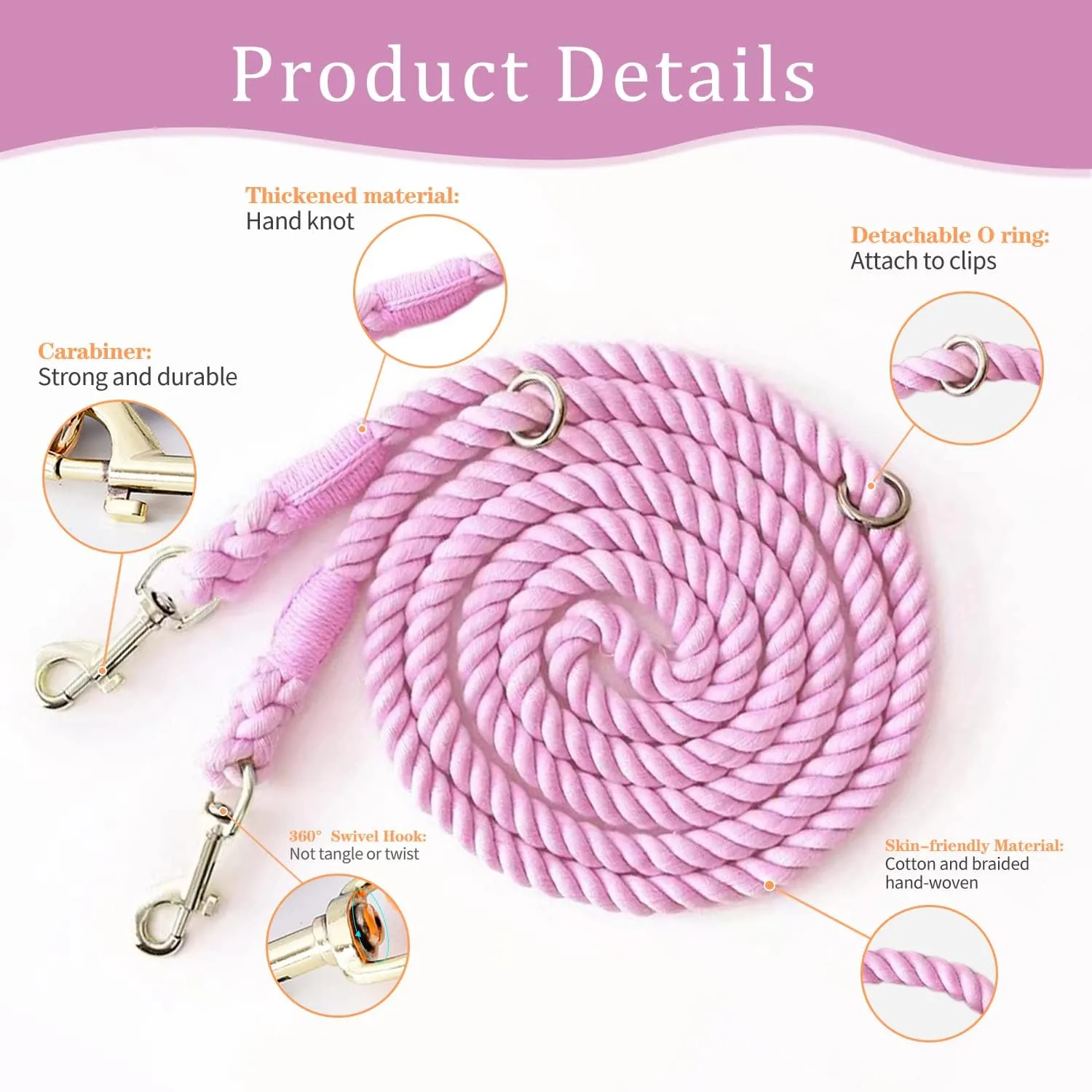 Multifunctional Rope Dog Leash 7.5 FT with Adjustable Double Swivel Hook Hands Free for Small Medium and Large Dogs Running Hiking Camping Walking (Tender Pink)
