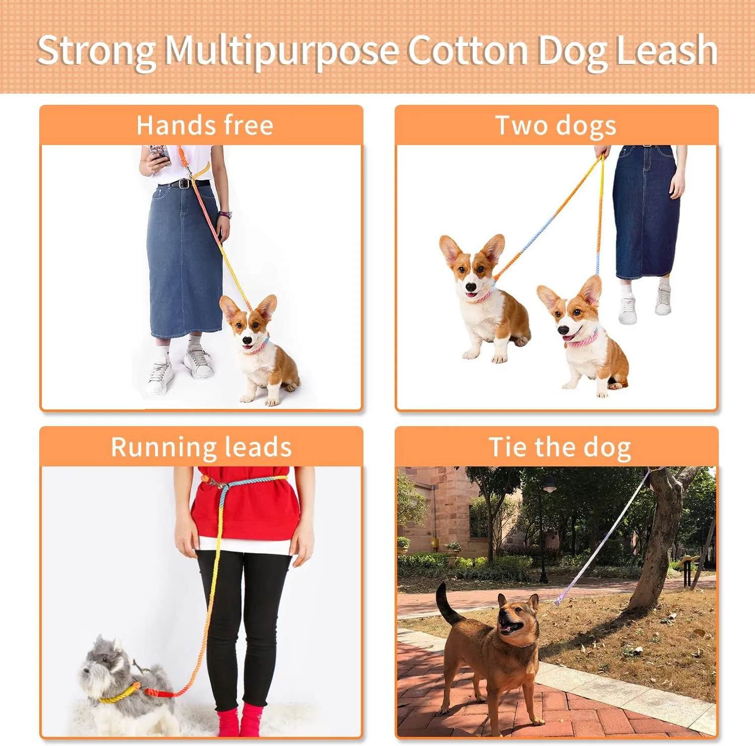 Multifunctional Rope Dog Leash 7.5 FT with Adjustable Double Swivel Hook Hands Free for Small Medium and Large Dogs Running Hiking Camping Walking (Tender Pink)