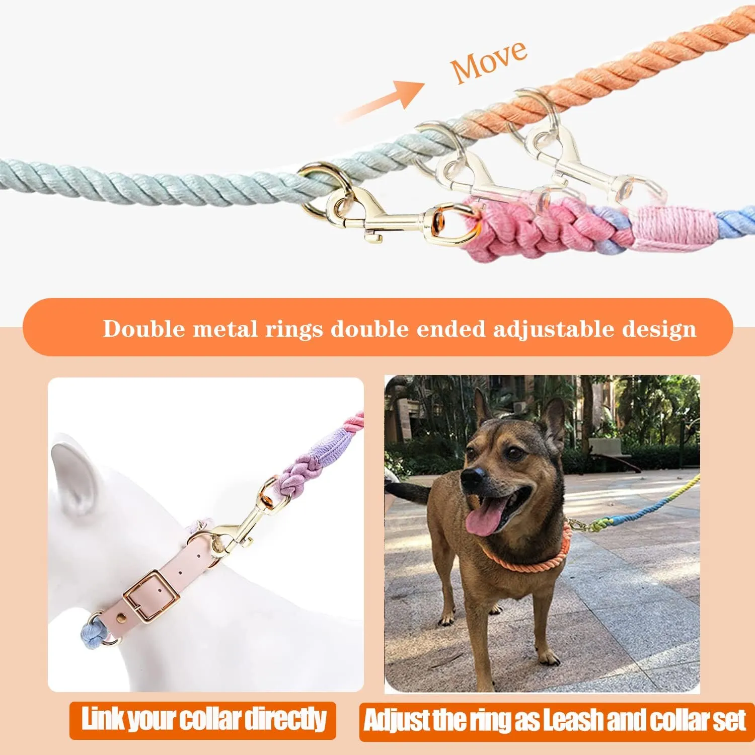 Multifunctional Rope Dog Leash 7.5 FT with Adjustable Double Swivel Hook Hands Free for Small Medium and Large Dogs Running Hiking Camping Walking (Tender Pink)