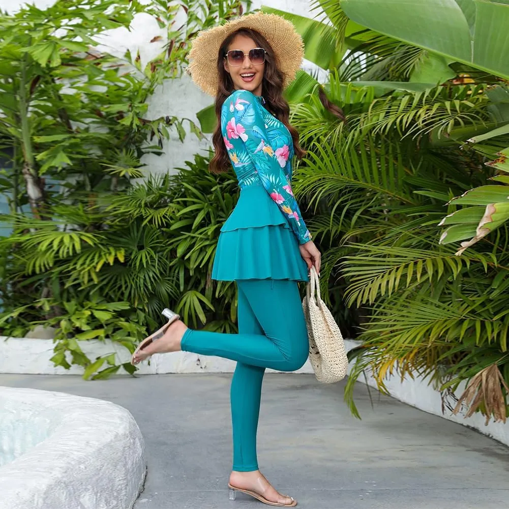 Muslim Swimsuit for Women Full Coverage Floral Burkini Modest Islamic Bathing Suit with Hijab Surfing Rash Guard Set