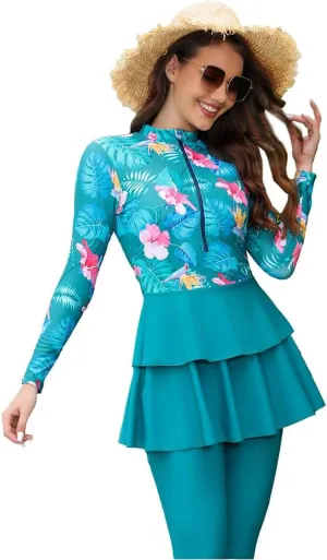 Muslim Swimsuit for Women Full Coverage Floral Burkini Modest Islamic Bathing Suit with Hijab Surfing Rash Guard Set