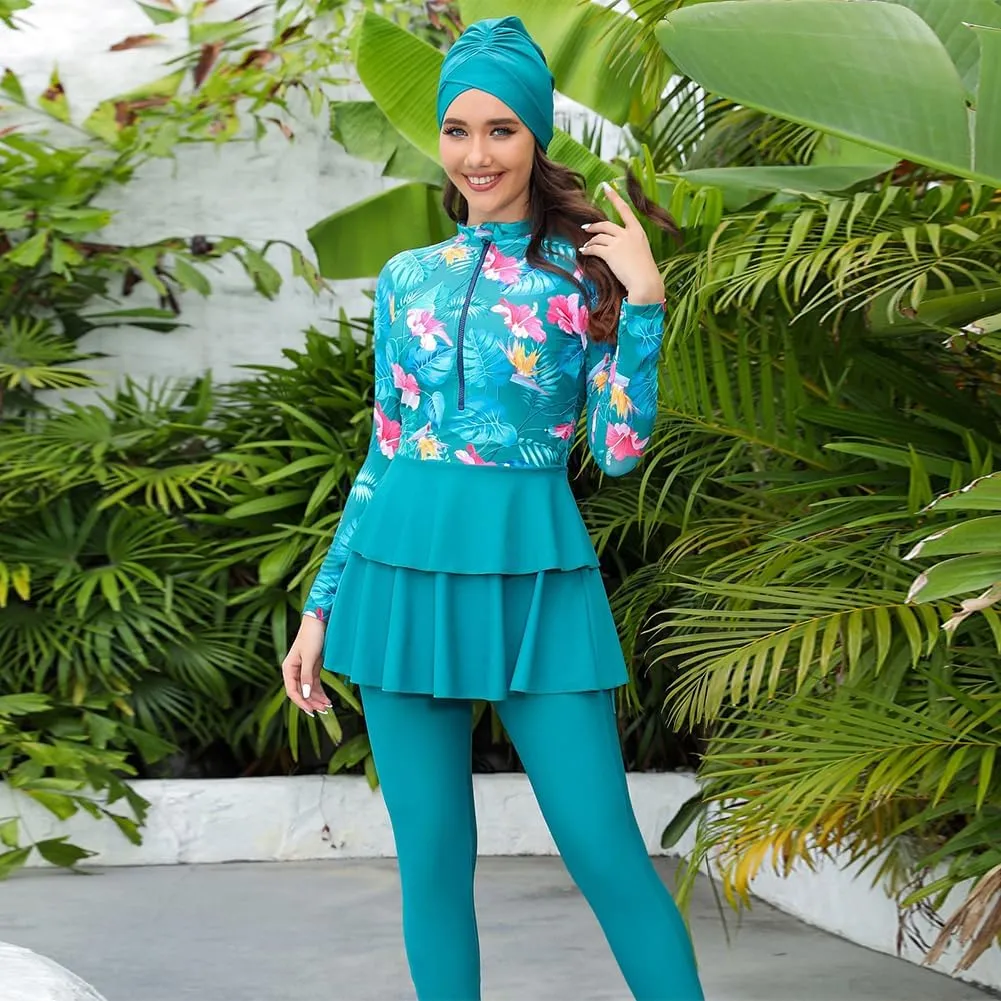 Muslim Swimsuit for Women Full Coverage Floral Burkini Modest Islamic Bathing Suit with Hijab Surfing Rash Guard Set