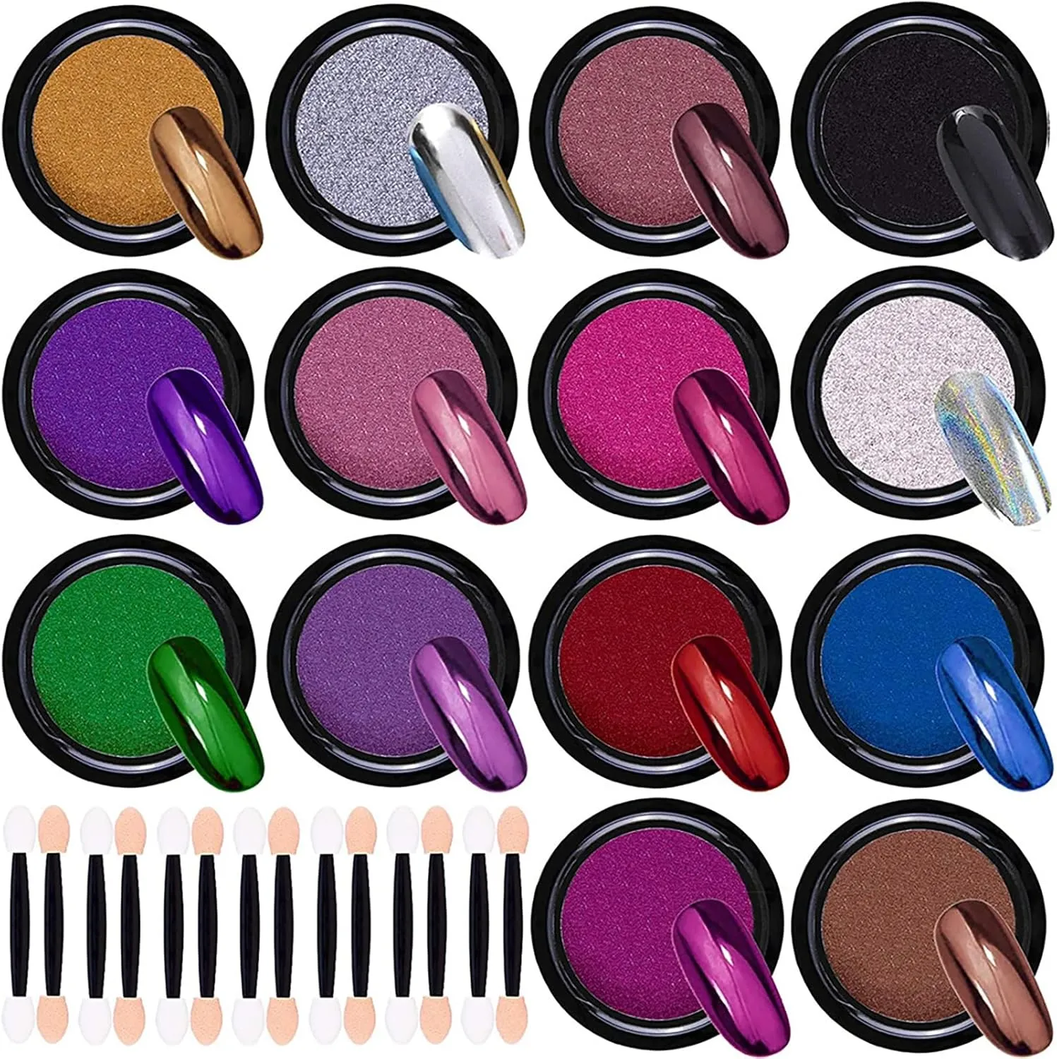 Nail Glitter Powder Set, Nail Powder Metallic Chrome Powder 14 Colours Mirror Effect Nail Powder with 14 Eyeshadow Sticks for Body Eye Hair Nail Painting DIY Art