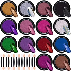 Nail Glitter Powder Set, Nail Powder Metallic Chrome Powder 14 Colours Mirror Effect Nail Powder with 14 Eyeshadow Sticks for Body Eye Hair Nail Painting DIY Art