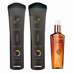 Naissant Set No Yellow Shampoo, Treatment Mask and Argan Oil. Color Care,Hair Intensifier and Damage Repair. Without Salt and Parabens for Black Hair (Black,Negro).