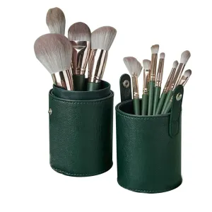 Natural Goat Hair Makeup Brushes Set Labeled 14 Piece Face and Eye Brush Set Ultra soft hair Travel Makeup Brush Set (green) (brushes with Travel Holder Case)