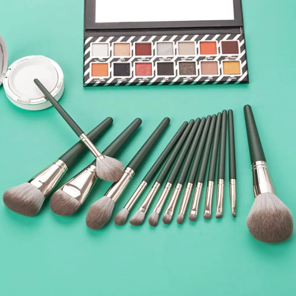 Natural Goat Hair Makeup Brushes Set Labeled 14 Piece Face and Eye Brush Set Ultra soft hair Travel Makeup Brush Set (green) (brushes with Travel Holder Case)