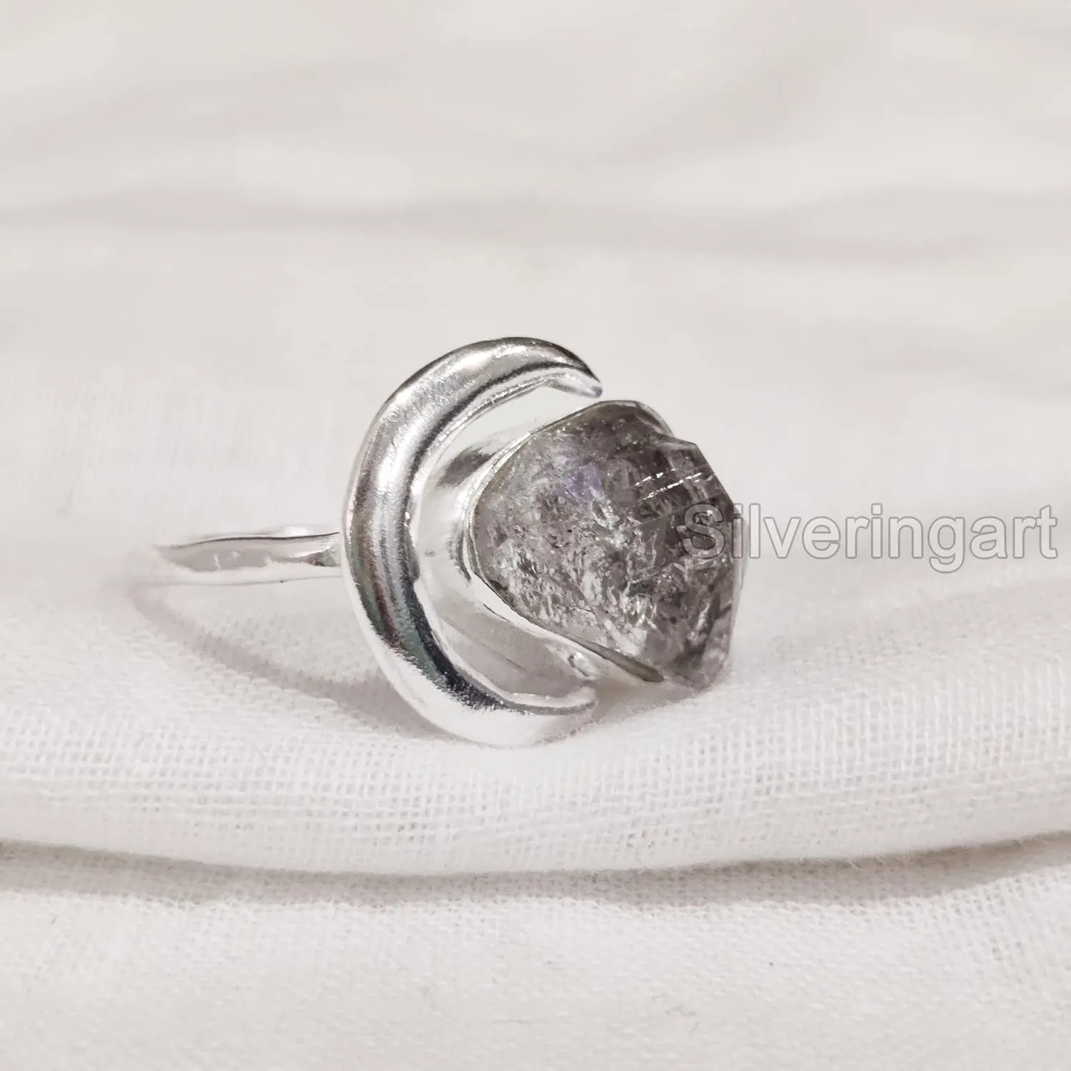 Natural Herkimer Diamond Ring, Raw Herkimer Diamond Ring, Crescent Moon Adjustable Ring, 925 Sterling Silver, Womens Ring, Christmas, Handmade, Statement Jewelry, Rough Gemstone Jewelry (7)