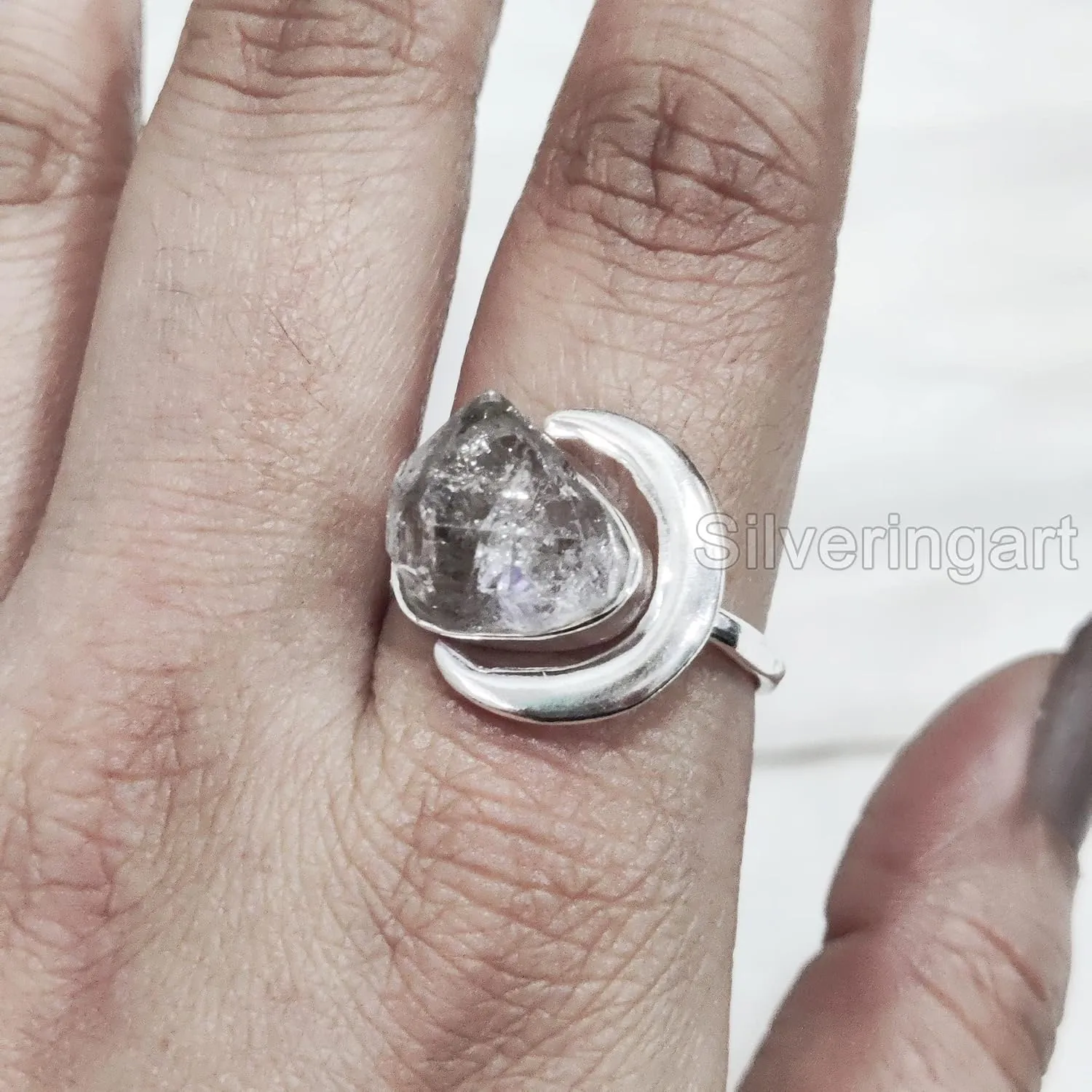 Natural Herkimer Diamond Ring, Raw Herkimer Diamond Ring, Crescent Moon Adjustable Ring, 925 Sterling Silver, Womens Ring, Christmas, Handmade, Statement Jewelry, Rough Gemstone Jewelry (7)