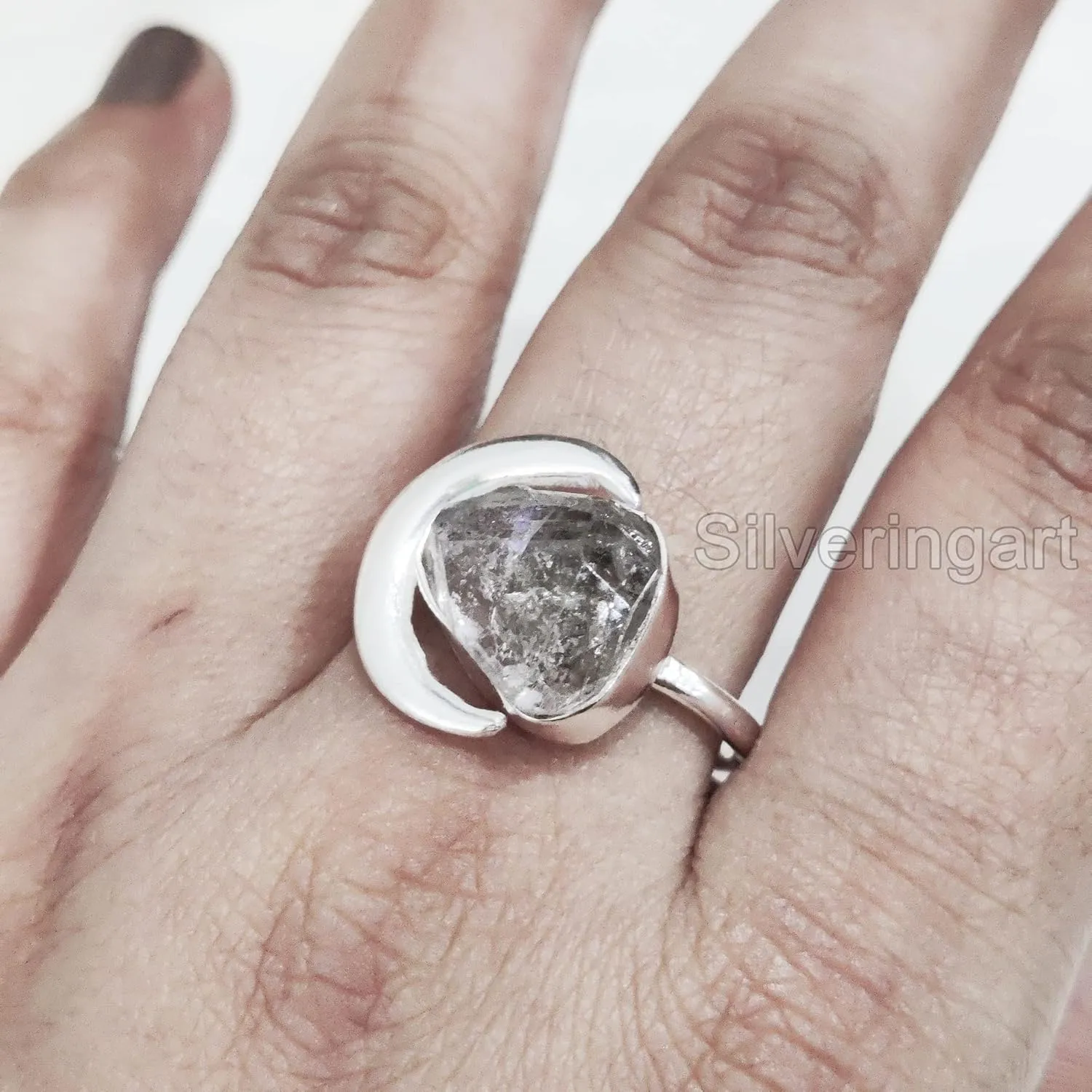 Natural Herkimer Diamond Ring, Raw Herkimer Diamond Ring, Crescent Moon Adjustable Ring, 925 Sterling Silver, Womens Ring, Christmas, Handmade, Statement Jewelry, Rough Gemstone Jewelry (7)