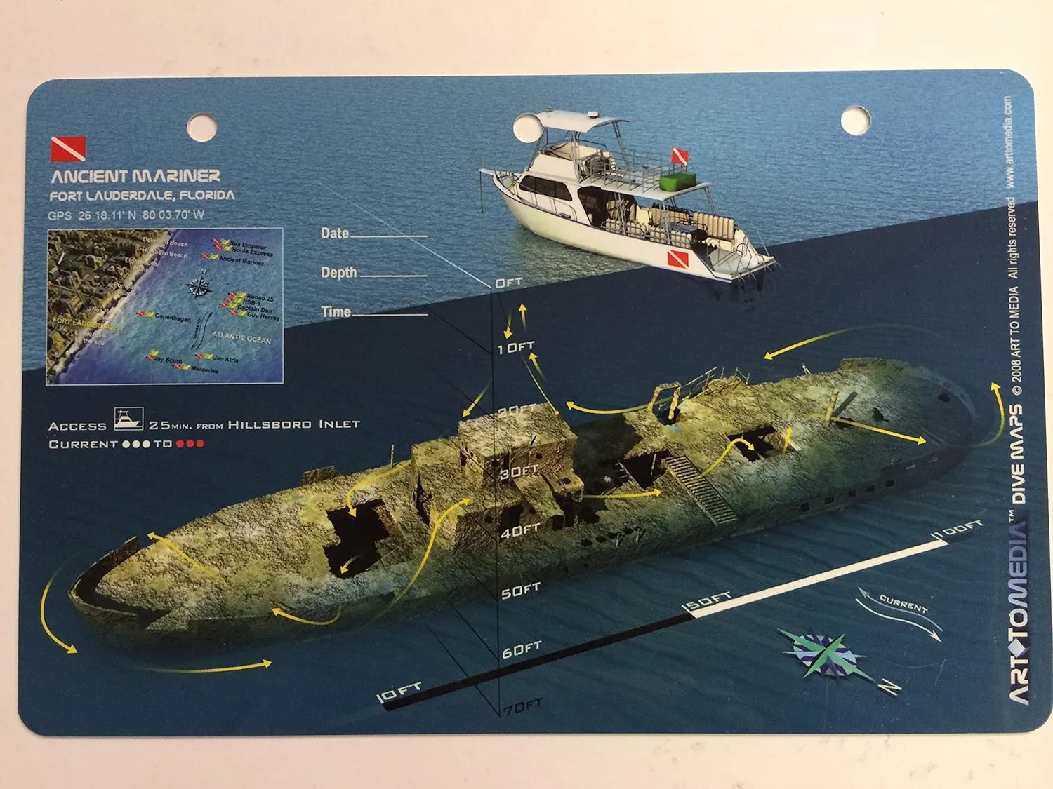 New Art to Media Underwater Waterproof 3D Dive Site Map - Ancient Mariner in Fort Lauderdale, Florida (8.5 x 5.5 Inches) (21.6 x 15cm)/LID