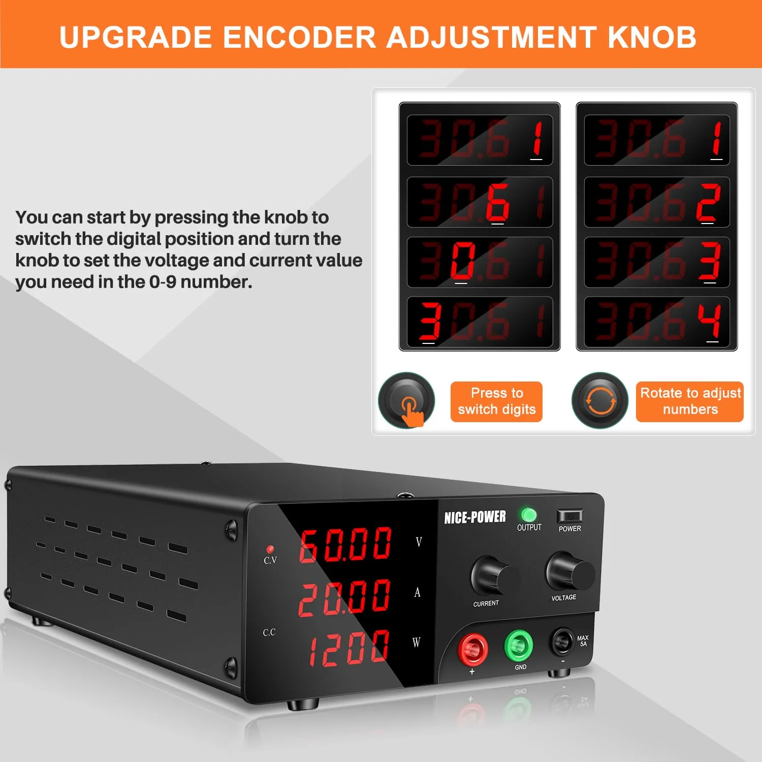 NICE-POWER DC Power Supply Variable, 0-60V 0-20A 1200W High Power Bench Power Supply with Encoder Knob & Output Switch, Benchtop Adjustable Switching Regulated Power Supplies for Repair/Test