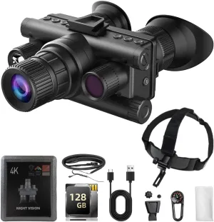 Night Vision Goggles Head Mounted, 4K HD Screen & 1968FT Night Vision for Adults, 1.28" Dual Round Screen Night Vision Goggles with 128GB Card, Removable Battery for Camping, Hunting