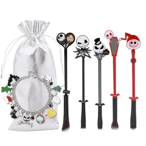 Nightmare Before Christmas Makeup Brushes, 5pcs Corpse Bride Anime Eye Make Up Brush Set with Sally Jack Skellington Charm Bracelet Gift for Women Girls