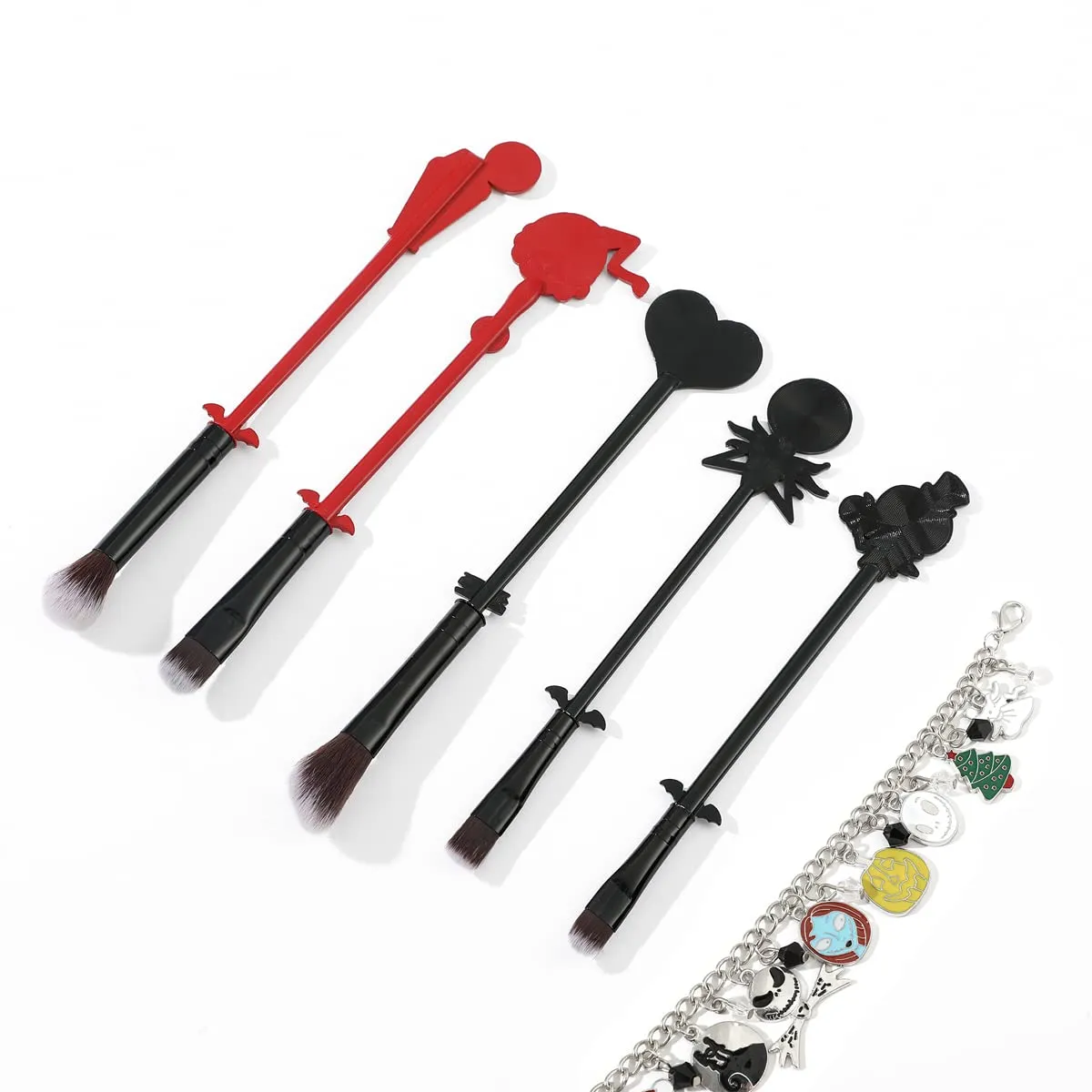 Nightmare Before Christmas Makeup Brushes, 5pcs Corpse Bride Anime Eye Make Up Brush Set with Sally Jack Skellington Charm Bracelet Gift for Women Girls