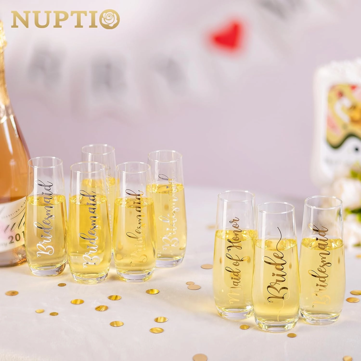 NUPTIO Champagne Glasses Bridal Shower Gift: Set of 8 Stemless Party Prosecco Flutes Tumbler Bride Bridesmaid Maid of Honor Wedding Clear Gold Embossed