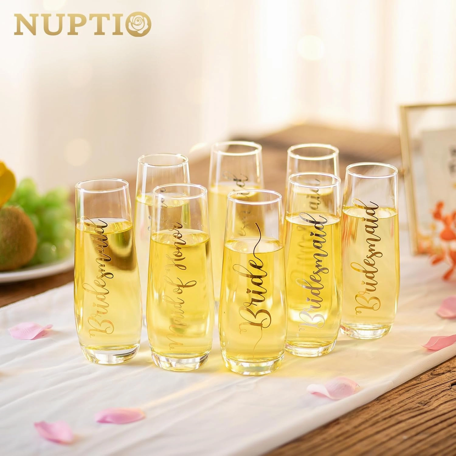 NUPTIO Champagne Glasses Bridal Shower Gift: Set of 8 Stemless Party Prosecco Flutes Tumbler Bride Bridesmaid Maid of Honor Wedding Clear Gold Embossed