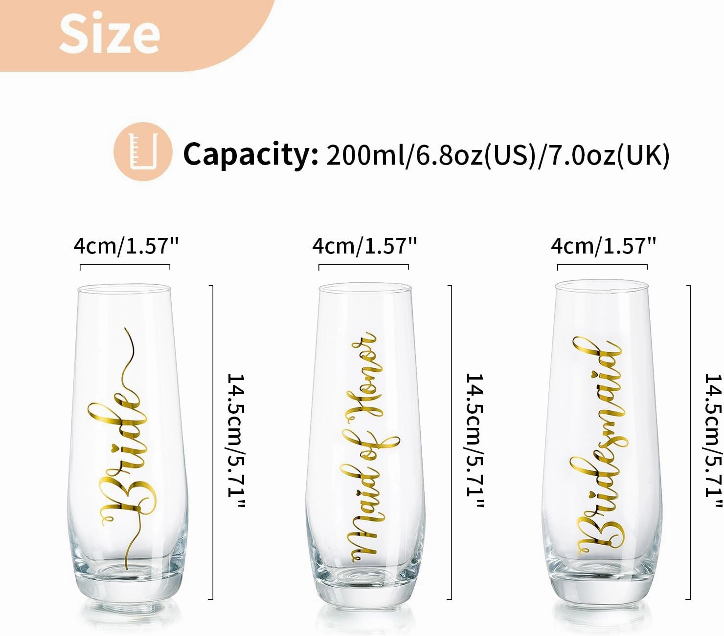 NUPTIO Champagne Glasses Bridal Shower Gift: Set of 8 Stemless Party Prosecco Flutes Tumbler Bride Bridesmaid Maid of Honor Wedding Clear Gold Embossed