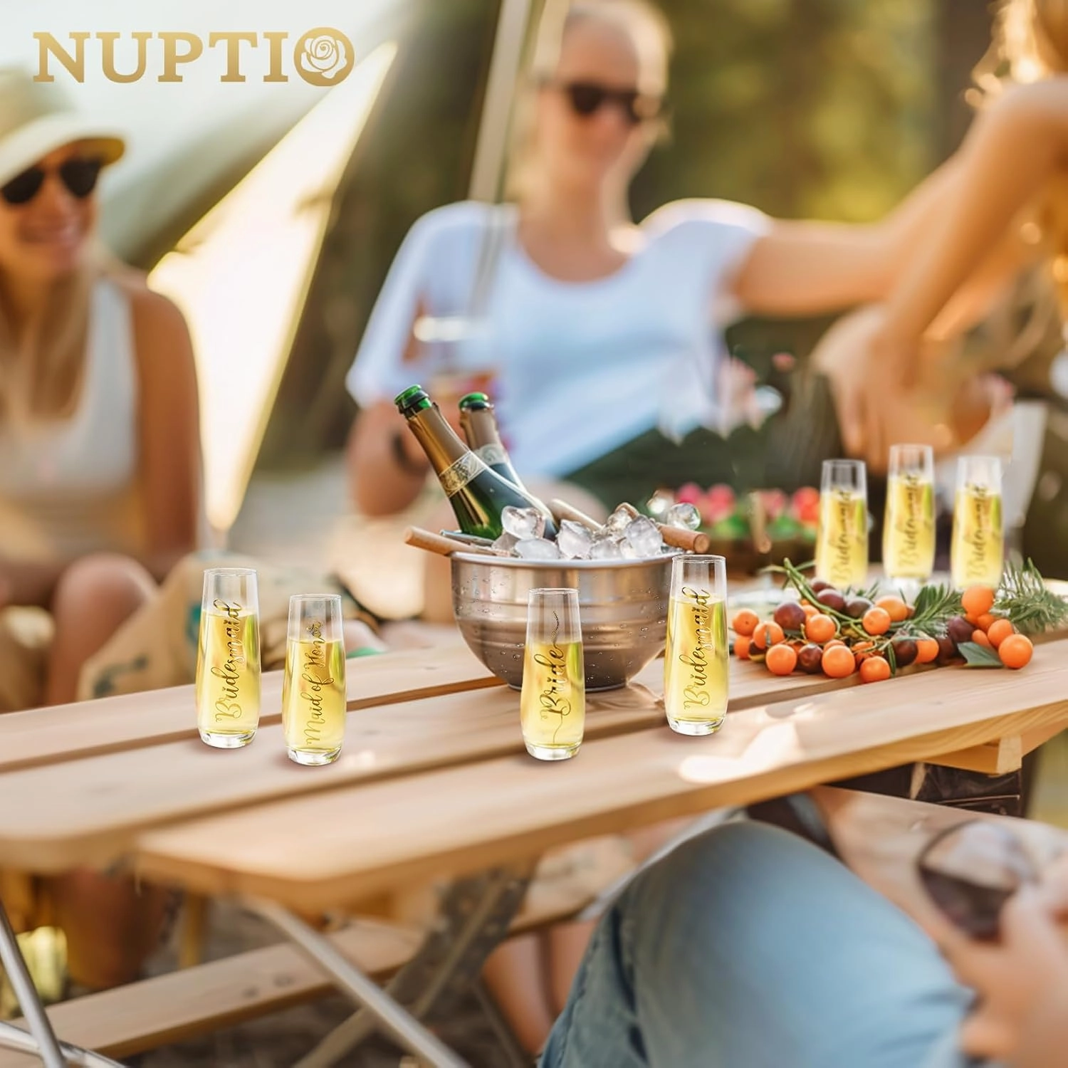 NUPTIO Champagne Glasses Bridal Shower Gift: Set of 8 Stemless Party Prosecco Flutes Tumbler Bride Bridesmaid Maid of Honor Wedding Clear Gold Embossed