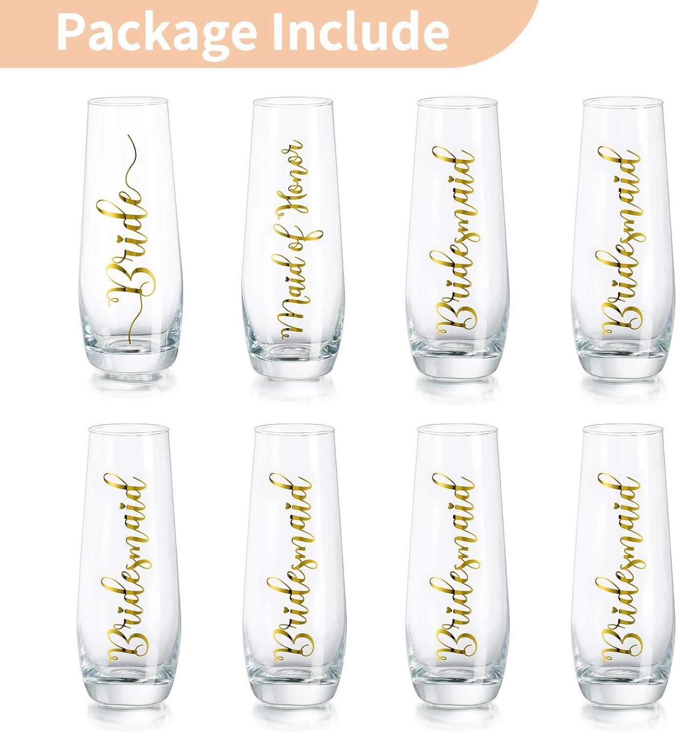 NUPTIO Champagne Glasses Bridal Shower Gift: Set of 8 Stemless Party Prosecco Flutes Tumbler Bride Bridesmaid Maid of Honor Wedding Clear Gold Embossed