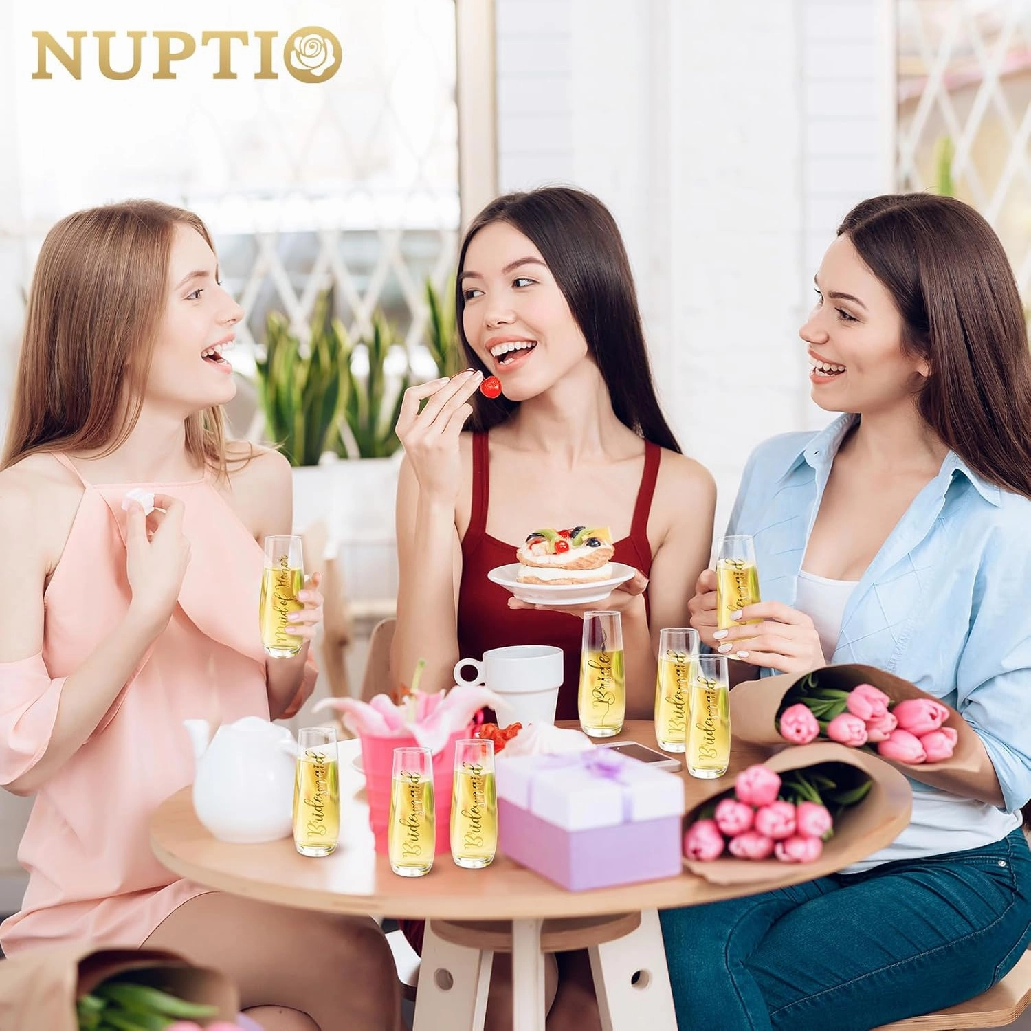NUPTIO Champagne Glasses Bridal Shower Gift: Set of 8 Stemless Party Prosecco Flutes Tumbler Bride Bridesmaid Maid of Honor Wedding Clear Gold Embossed