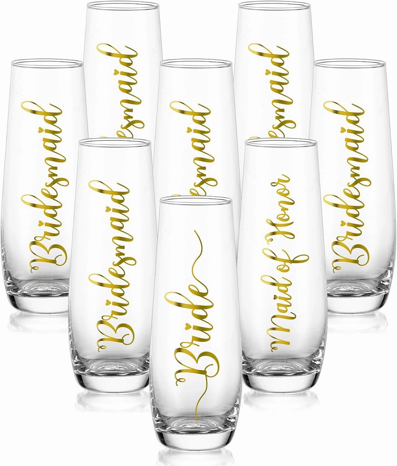 NUPTIO Champagne Glasses Bridal Shower Gift: Set of 8 Stemless Party Prosecco Flutes Tumbler Bride Bridesmaid Maid of Honor Wedding Clear Gold Embossed