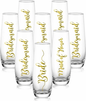 NUPTIO Champagne Glasses Bridal Shower Gift: Set of 8 Stemless Party Prosecco Flutes Tumbler Bride Bridesmaid Maid of Honor Wedding Clear Gold Embossed
