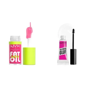 NYX PROFESSIONAL MAKEUP The Brow Glue Instant Brow Styler & Fat Oil Lip Drip, Moisturizing, Shiny and Vegan Tinted Lip Gloss - Missed Call (Sheer Pink)