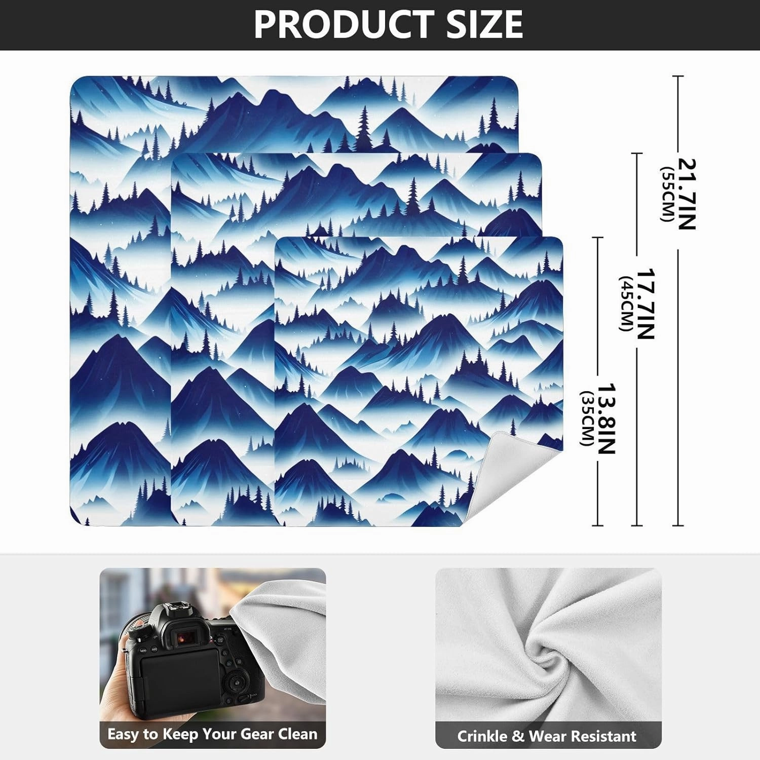 ODAWA Cloth Camera Bag 17.7 In, Blue Mountain Landscape Magic Flexible Folding Self-Stick Makeup Bag, Easy-Storage Magic Cloths for Camera Tablet Laptop