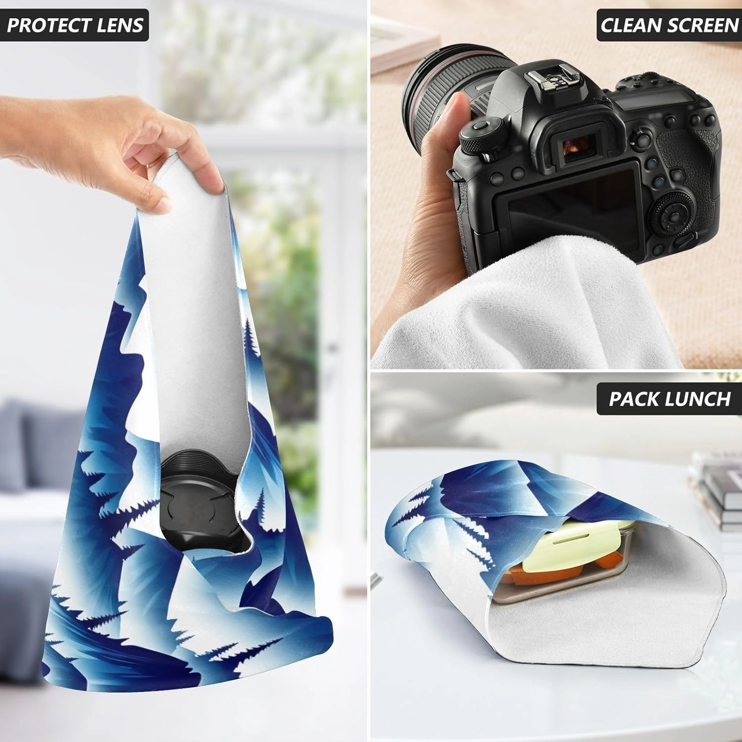 ODAWA Cloth Camera Bag 17.7 In, Blue Mountain Landscape Magic Flexible Folding Self-Stick Makeup Bag, Easy-Storage Magic Cloths for Camera Tablet Laptop