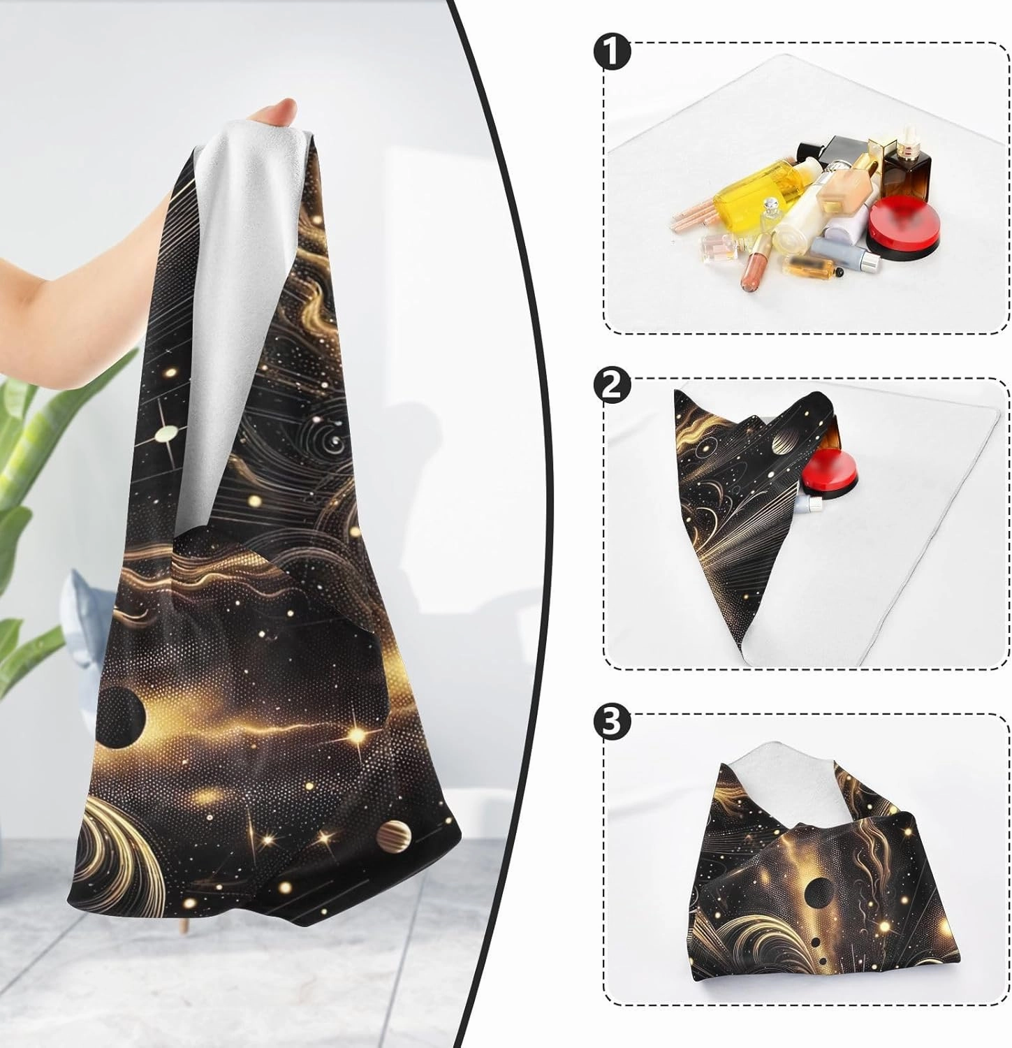 ODAWA Magic Storage Cloth 17.7 In, Celestial Black and Gold Cosmetic Bag Magic Cloth, Self Adhesive Wraps for Electronics