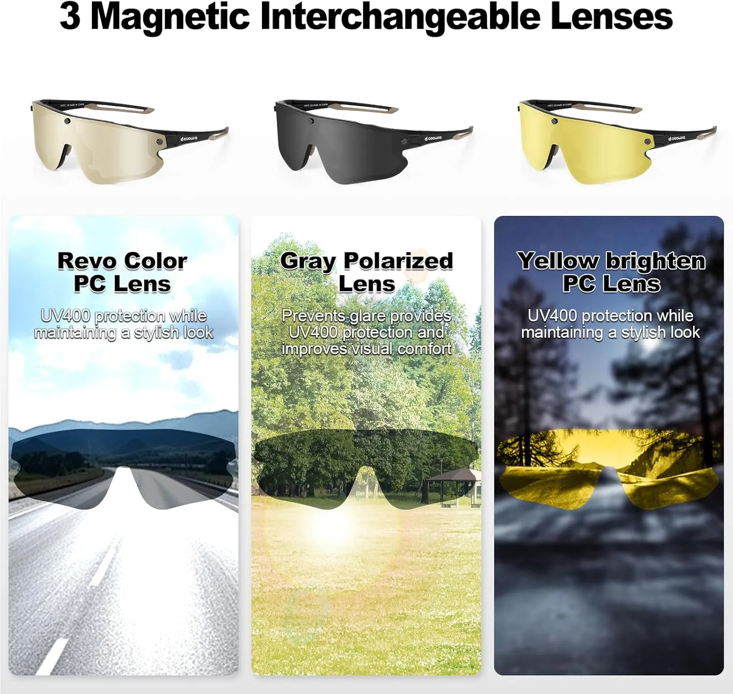 Odoland Polarized Cycling Sunglasses with 3 Magnetic Lenses for Men Women, UV400 Sports Goggles for MTB Running Fishing