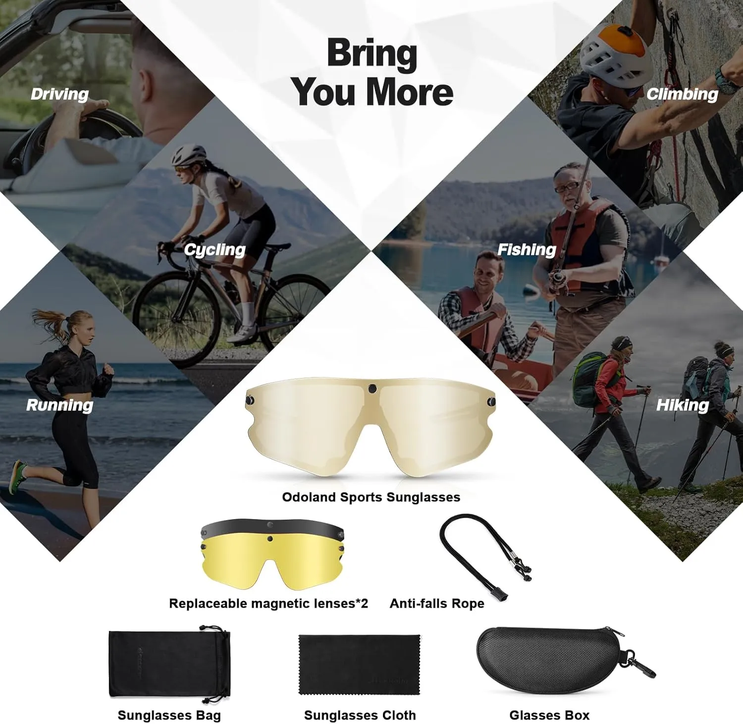 Odoland Polarized Cycling Sunglasses with 3 Magnetic Lenses for Men Women, UV400 Sports Goggles for MTB Running Fishing