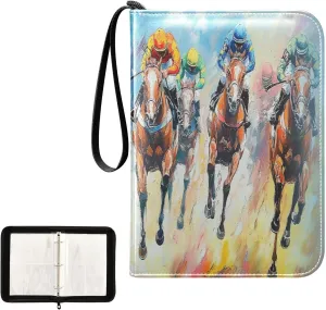Oil Painting Horses Racing Colorful Pattern Card Binder 4 Pocket, Trading Card Holder Fits 400 Game Cards with 50 Removable Sleeves, MTG Card Case Standard Size