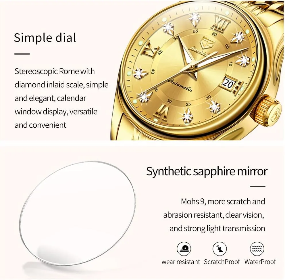 OLEVS Automatic Watches for Women Mechanical Self Winding Luxury Dress Diamond Dial Stainless Steel Strap Waterproof Luminous Date Ladies Watches