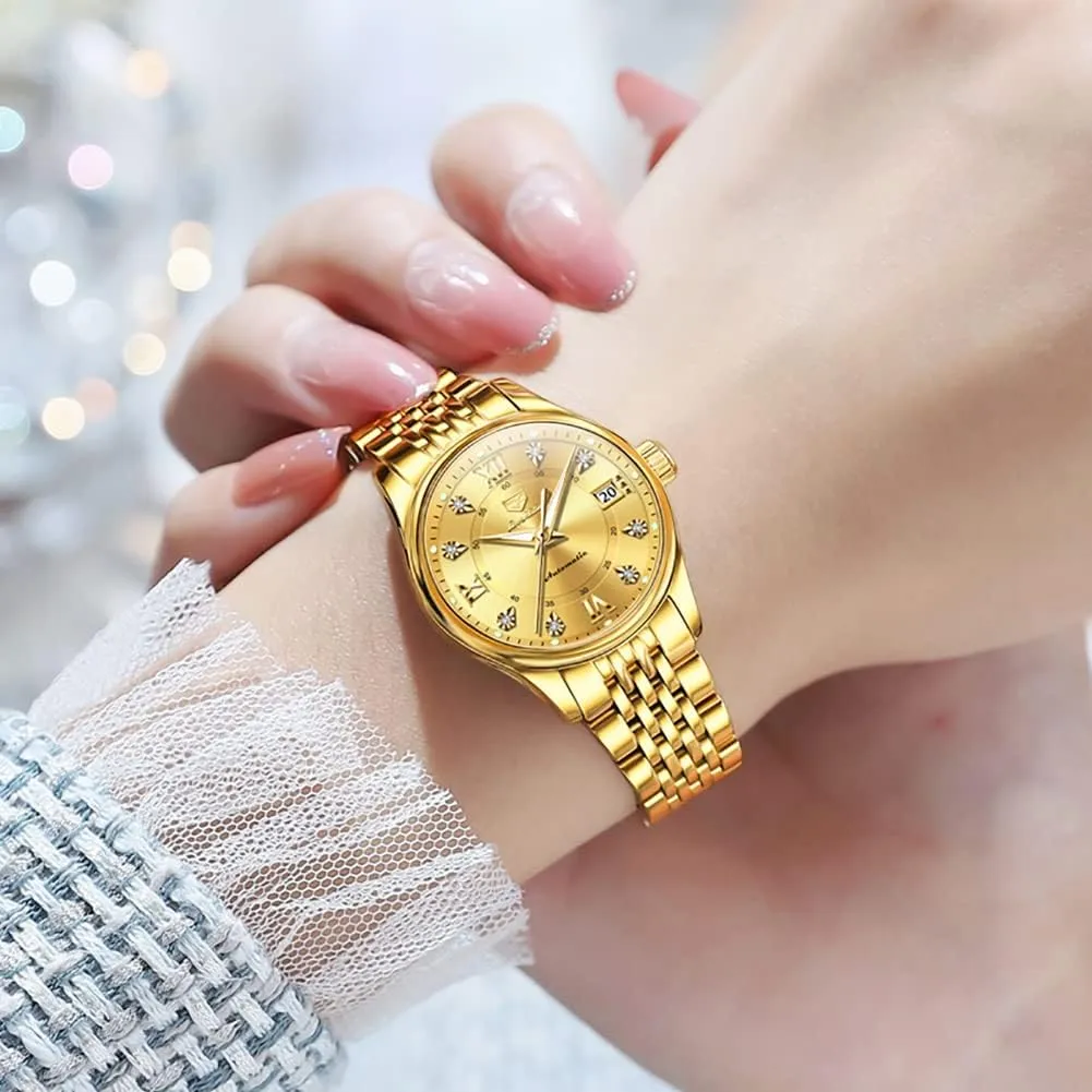OLEVS Automatic Watches for Women Mechanical Self Winding Luxury Dress Diamond Dial Stainless Steel Strap Waterproof Luminous Date Ladies Watches