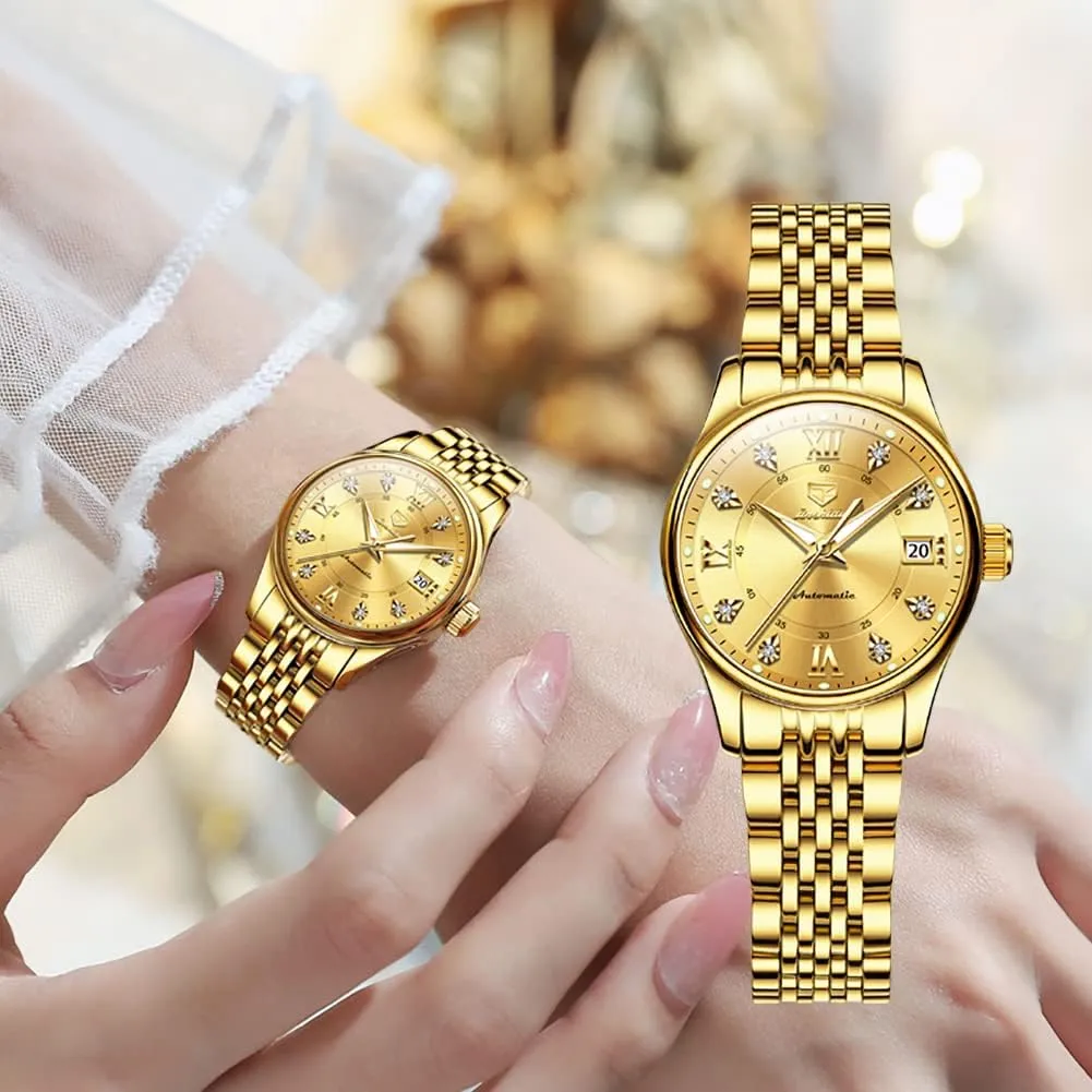 OLEVS Automatic Watches for Women Mechanical Self Winding Luxury Dress Diamond Dial Stainless Steel Strap Waterproof Luminous Date Ladies Watches